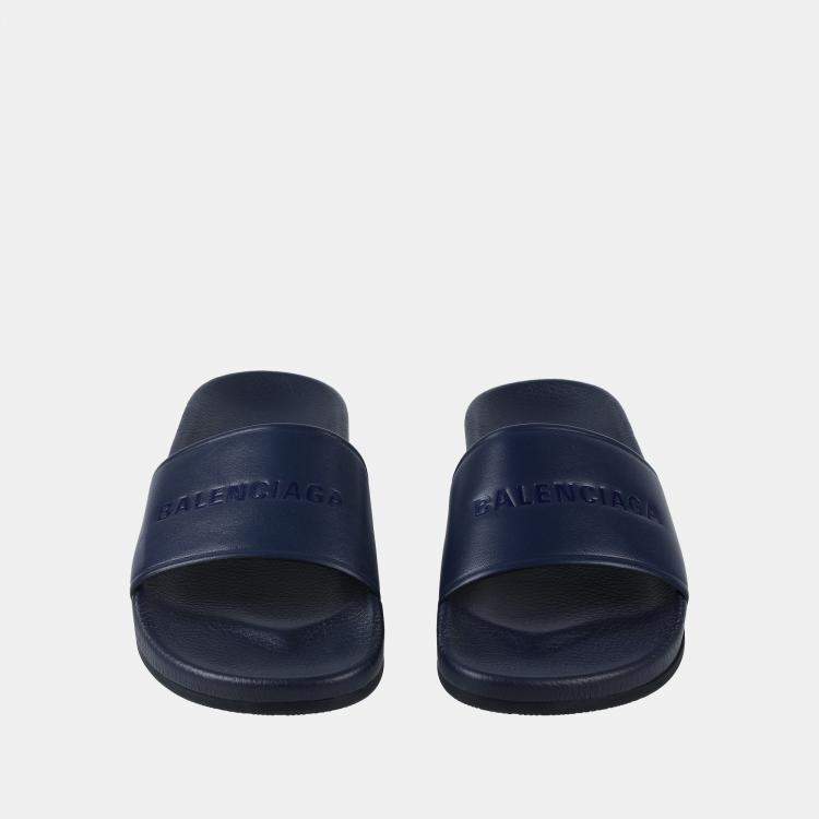 Balenciaga Navy Blue Leather Pool Slides 39