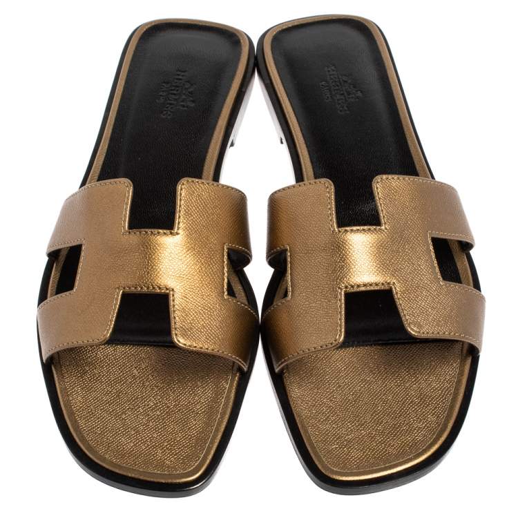 Hermes Gold Leather Oran Flats Size 39