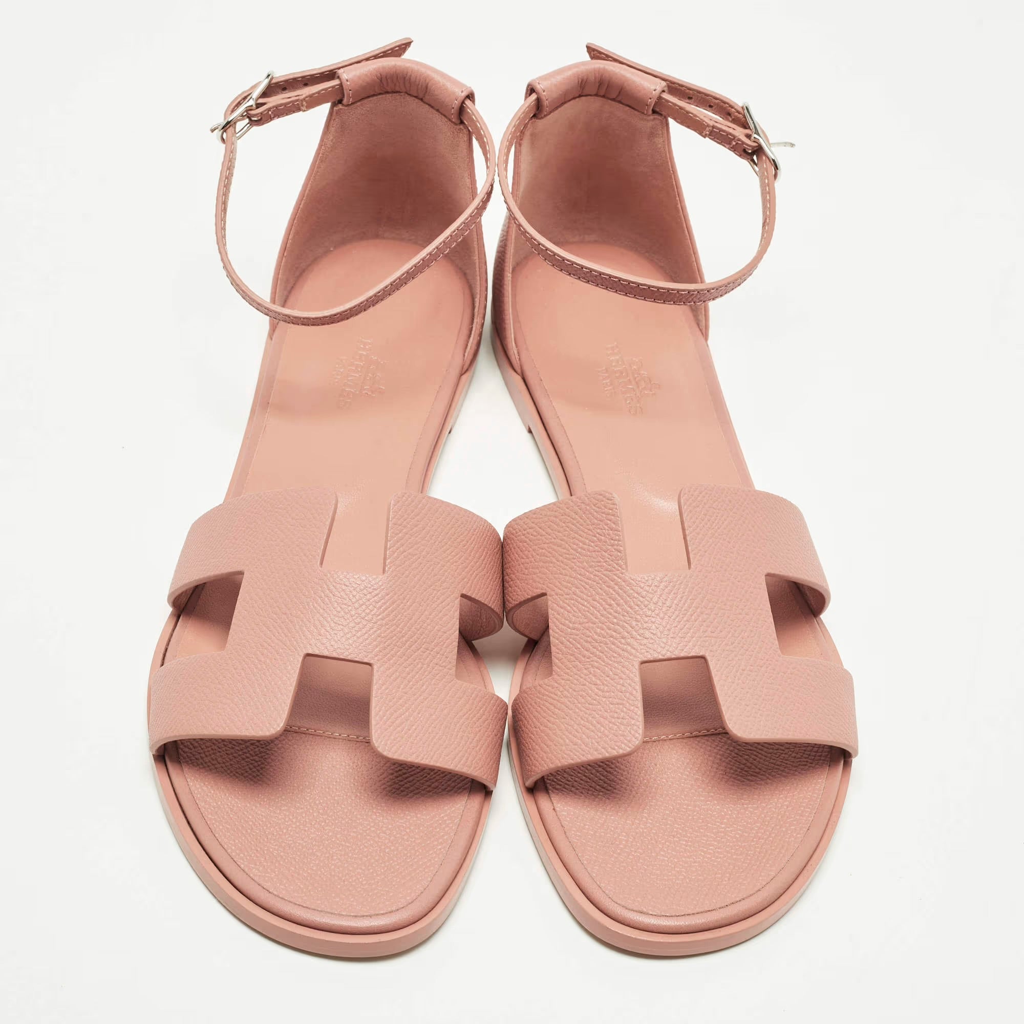 Hermes Santorini Size 39 Pink Leather Ankle Strap Flat Sandals