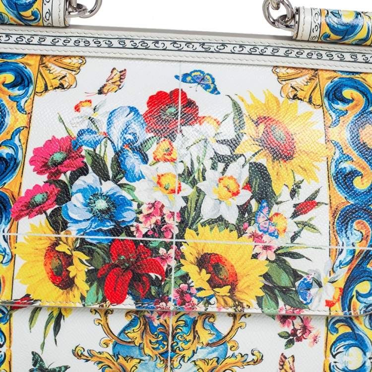 Dolce & Gabbana White/Multicolor Floral Print Leather Medium Miss Sicily Top Handle Bag