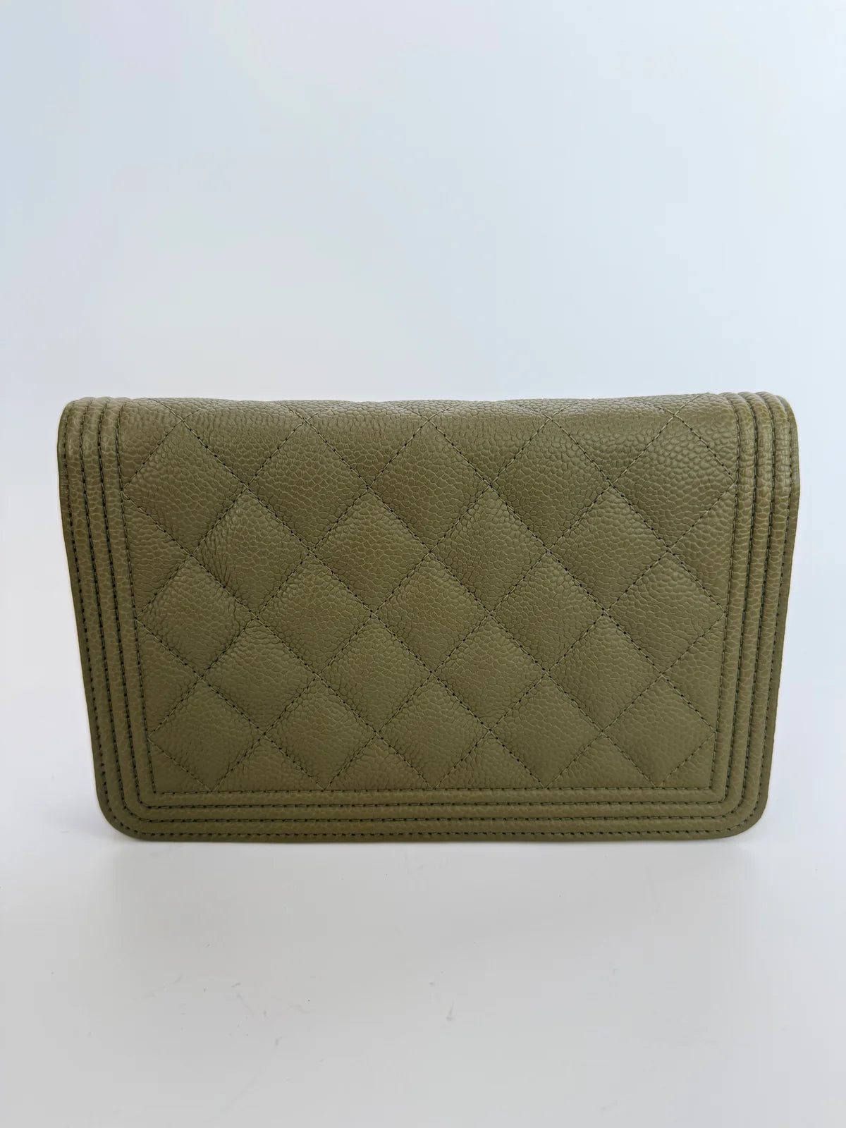 CHANEL BOY WALLET ON CHAIN IN KHAKI CAVIAR LEATHER WITH GHW