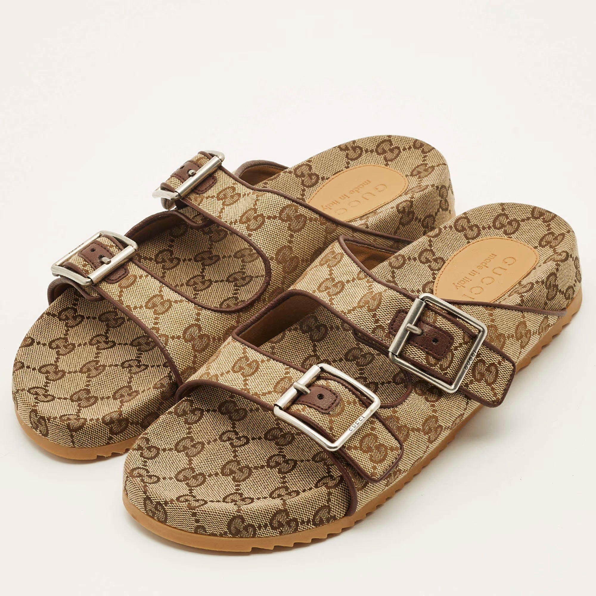 Gucci GG Size 44 Beige/Brown Canvas and Leather Double Buckle Slide Sandals
