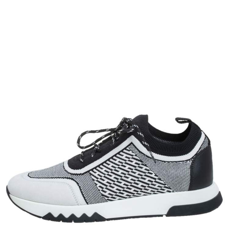 Hermes Black/White Suede And Knit Fabric Addict Sneakers Size 38.5