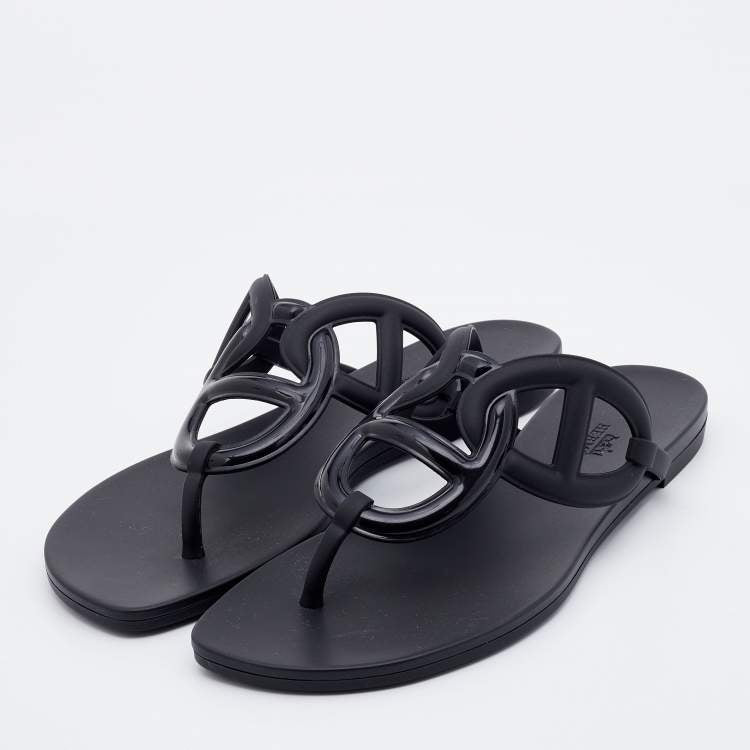 Hermes Black Rubber Chaine d'Ancre Thong Flat Slides Size 39