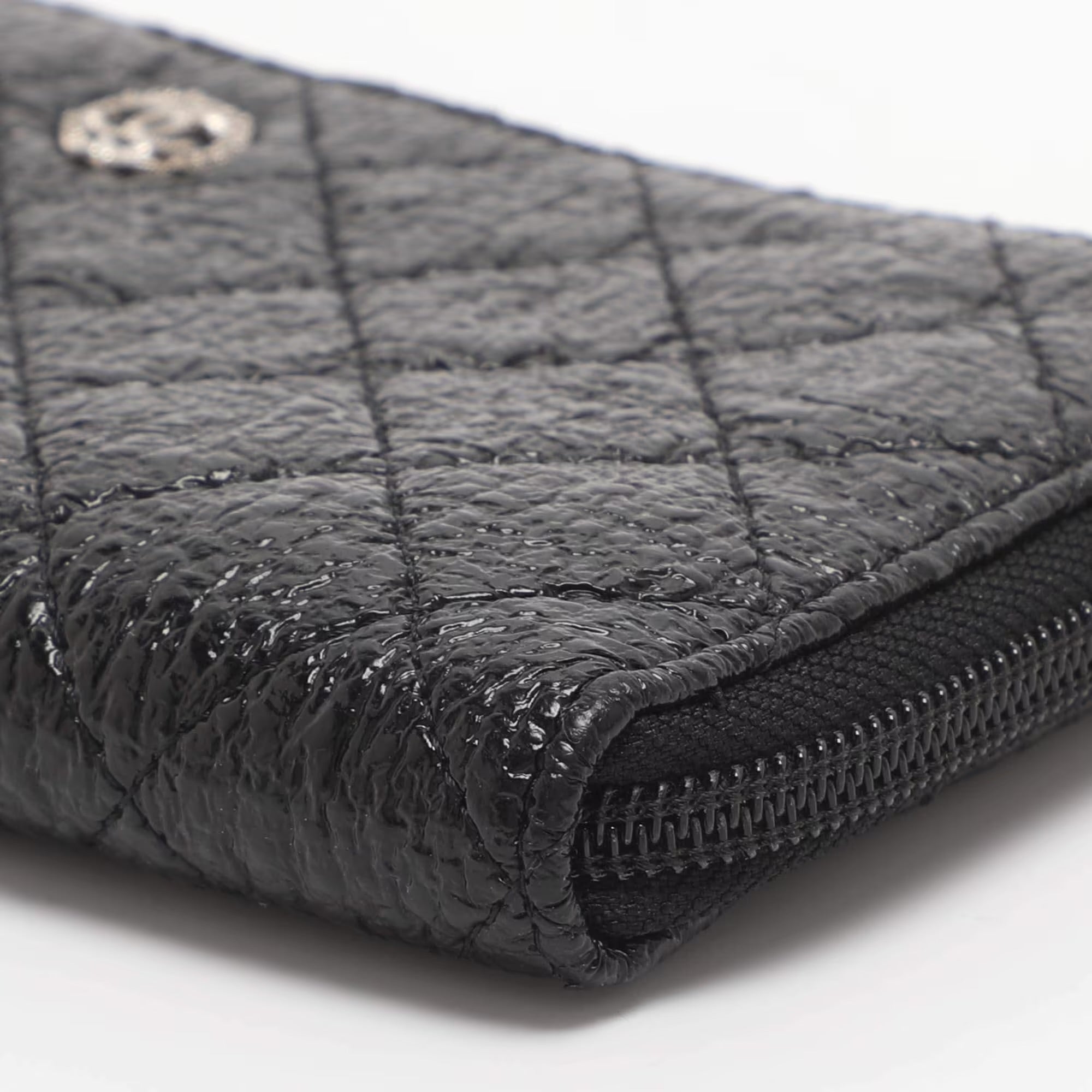 Chanel CC Black Quilted Coated Tweed Zip Around Wallet