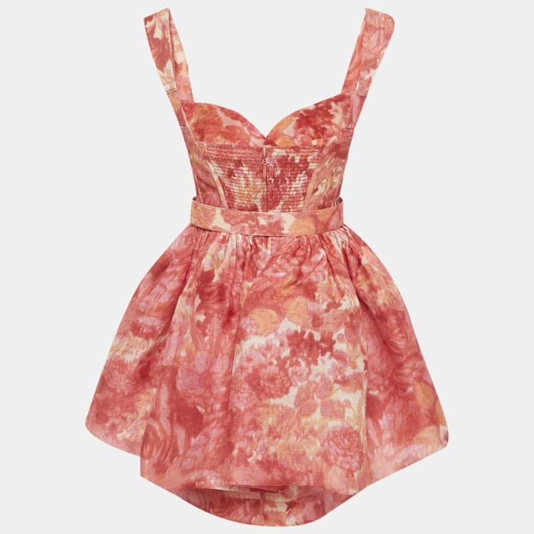 Zimmermann Pink Floral Printed Linen & Silk Belted Mini Dress XS