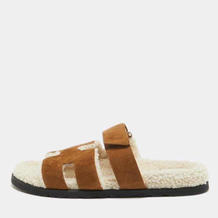 Hermes Brown Suede Shearling Fur Chypre Sandals Size 41