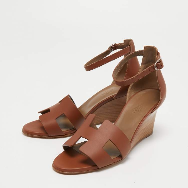 Hermes Brown Leather Legend Ankle Strap Sandals Size 38.5