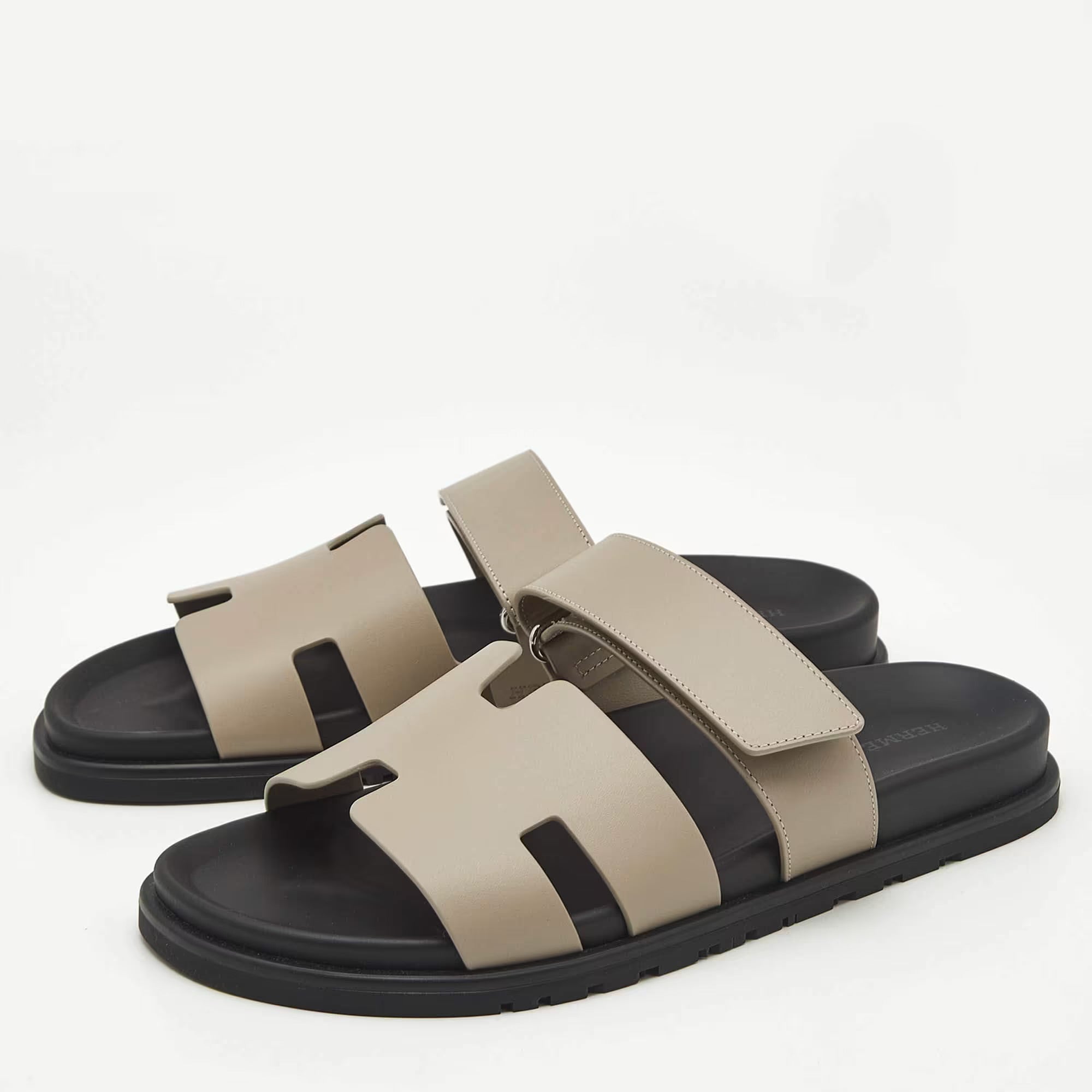 Hermes Chypre Size 42.5 Grey Leather Flat Sandals
