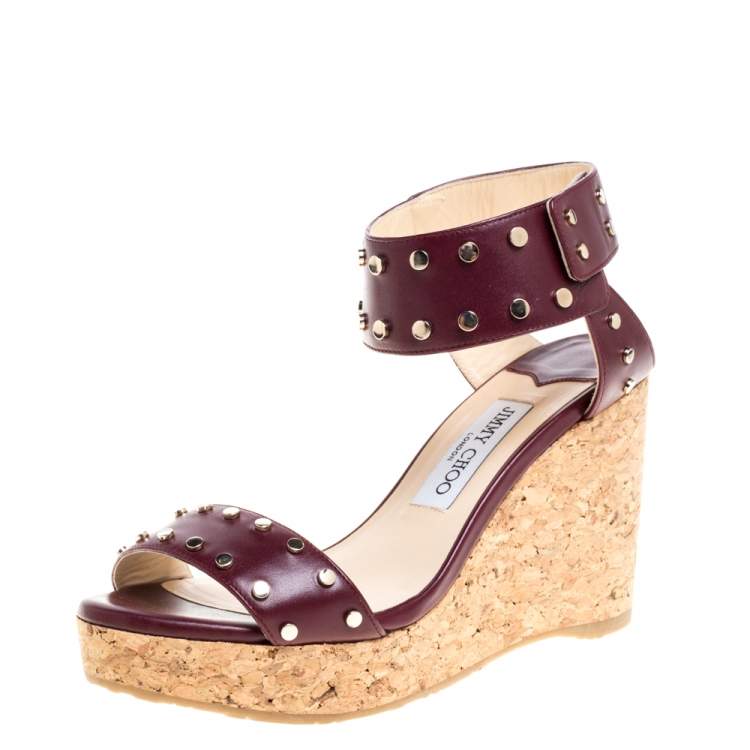 Jimmy Choo Maroon Studded Leather Veto Wedge Platform Sandals Size 38.5