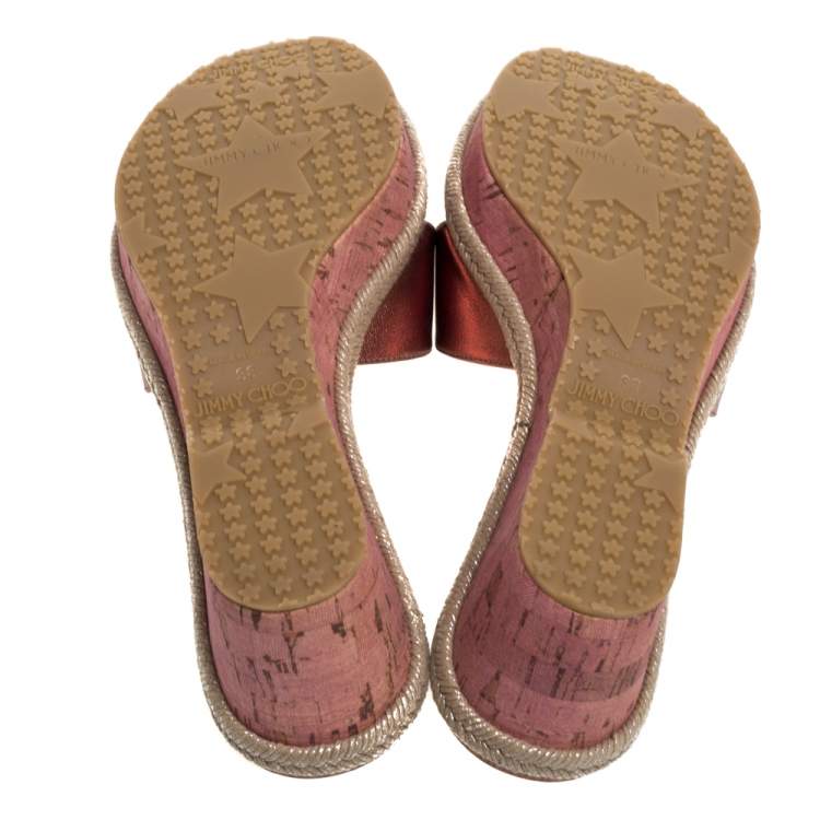 Jimmy Choo Metallic Bronze Leather Prima Cork Wedge Slide Sandals Size 38