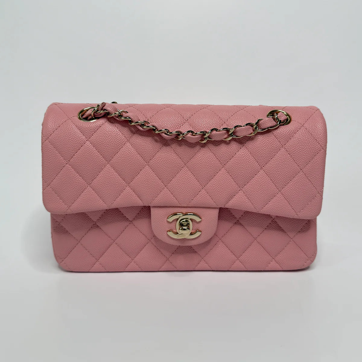 CHANEL SMALL CLASSIC DOUBLE FLAP IN PINK CAVIAR LEATHER WITH GHW