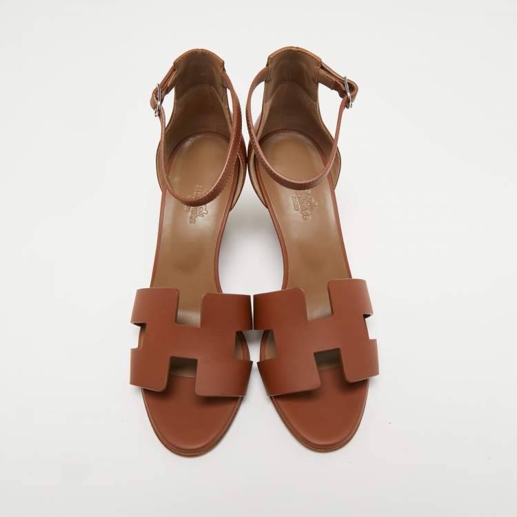 Hermes Brown Leather Legend Ankle Strap Sandals Size 38.5