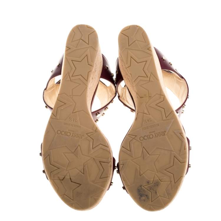 Jimmy Choo Maroon Studded Leather Veto Wedge Platform Sandals Size 38.5