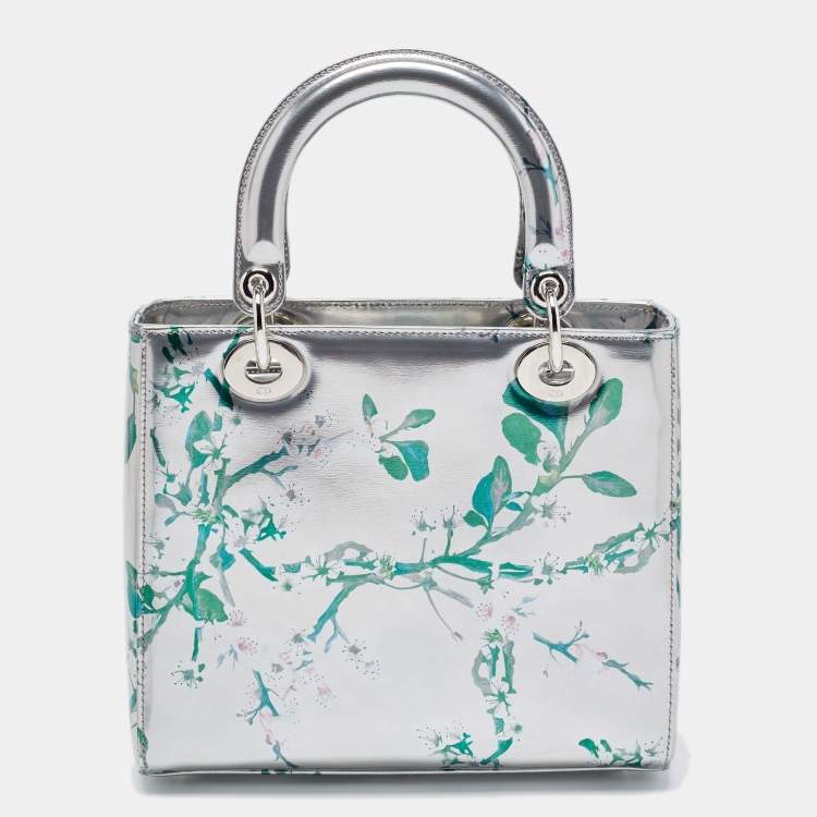 Dior Metallic Silver/Green Printed Leather Medium Lady Dior Tote