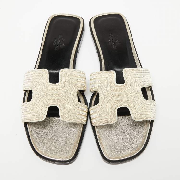 Hermes Beige Fabric Oran Dabka Embroidery Flat Slides Size 37