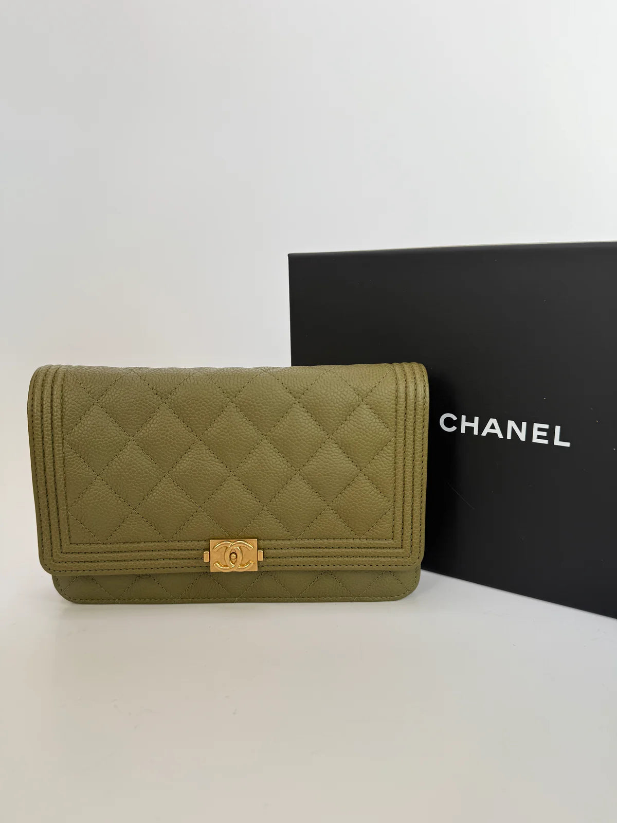 CHANEL BOY WALLET ON CHAIN IN KHAKI CAVIAR LEATHER WITH GHW