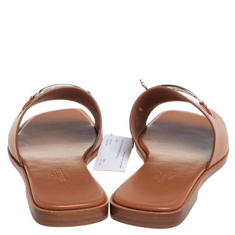 Hermes Brown Leather Villa Flat Slides Sandals Size 37.5