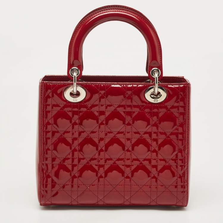 Dior Red Cannage Patent Leather Medium Lady Dior Tote