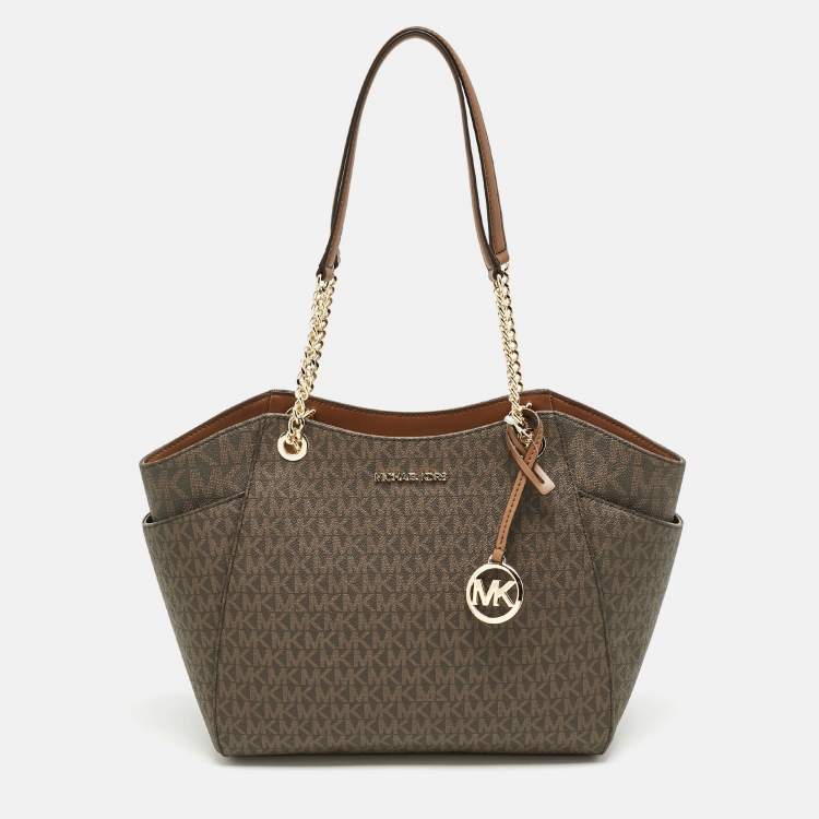 Michael Kors Brown Signature Coated Canvas Large Jet Set Travel Chain Tote