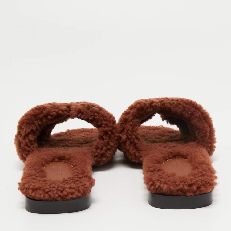Hermès Brown Shearling Fur Oran Flat Slides Size 36