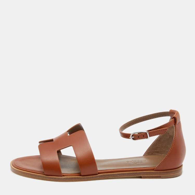 Hermes Brown Leather Santorini Ankle Strap Sandals Size 37