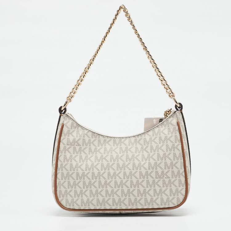 Michael Kors White/Brown Signature Coated Canvas and Leather Jet Set Charm Pochette Bag