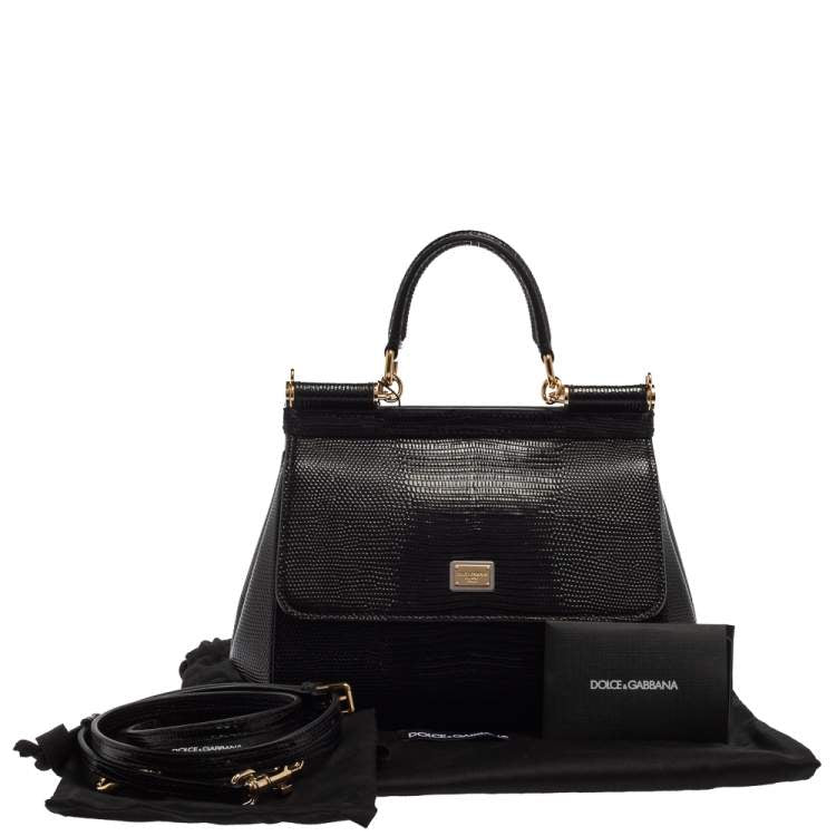Dolce & Gabbana Black Lizard Embossed Leather Small Miss Sicily Top Handle Bag