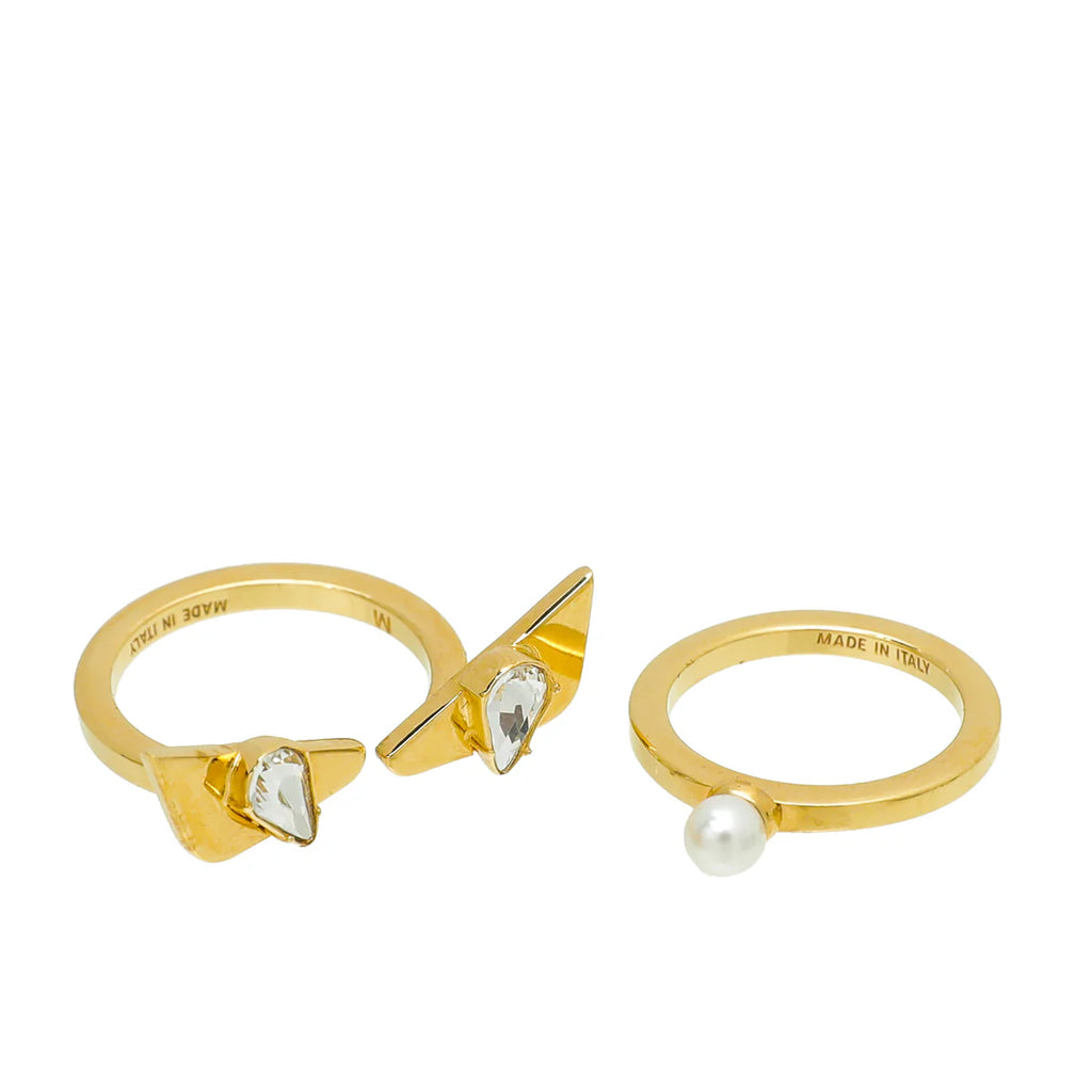 Fendi Yellow Gold Tone Monster Eye Faux Pearl 2 in 1 Ring