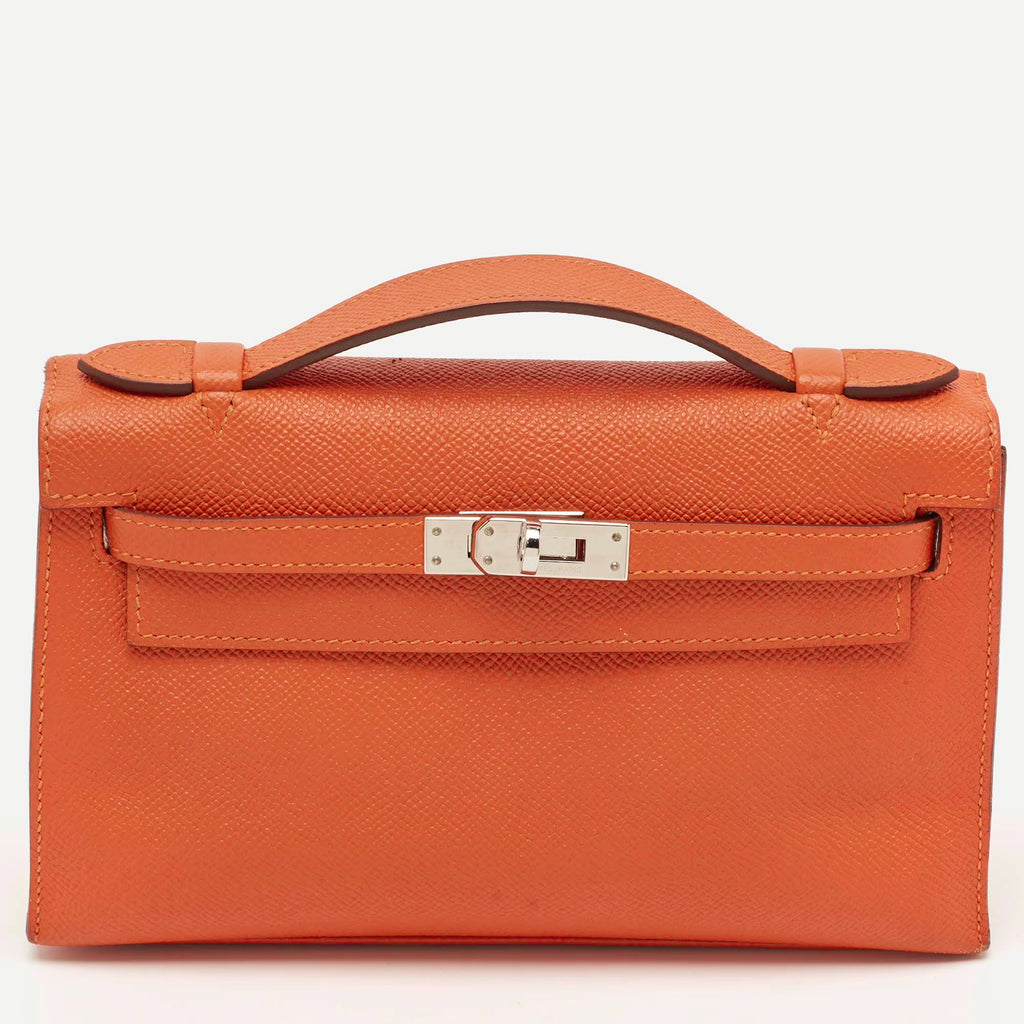 Hermes Kelly Palladium Finish Orange Poppy Epsom Leather Pochette