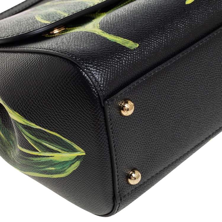 Dolce & Gabbana Black Tulip Print Leather Medium Miss Sicily Top Handle Bag