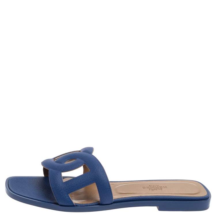 Hermes Blue Leather Omaha Sandals Size 37.5