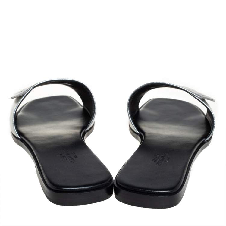Hermes Silver Leather Flat Slides Size 38.5