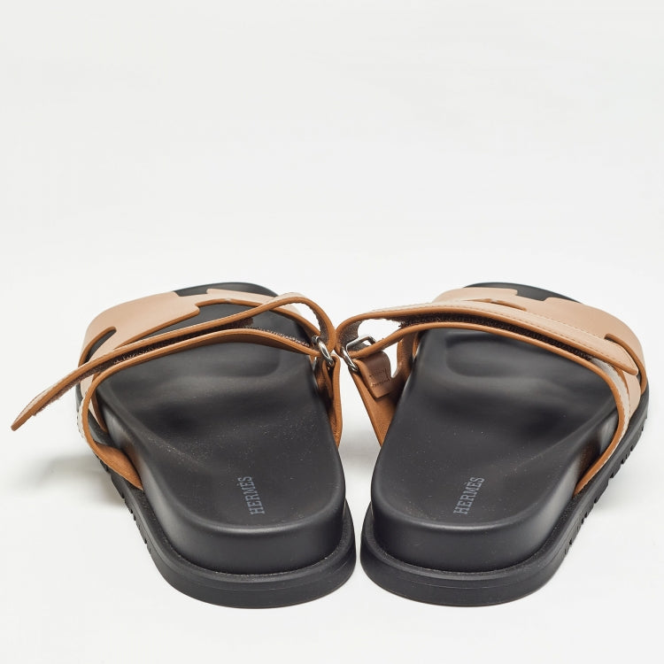 Hermes Brown Leather Chypre Flat Slides Size 39