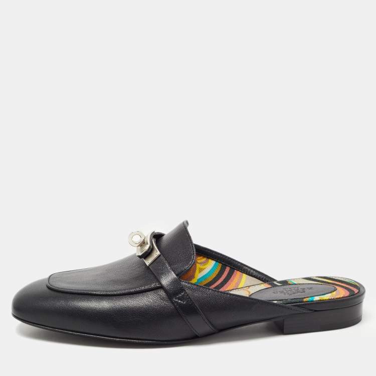 Hermes Black Leather Oz Flat Mules Size 37