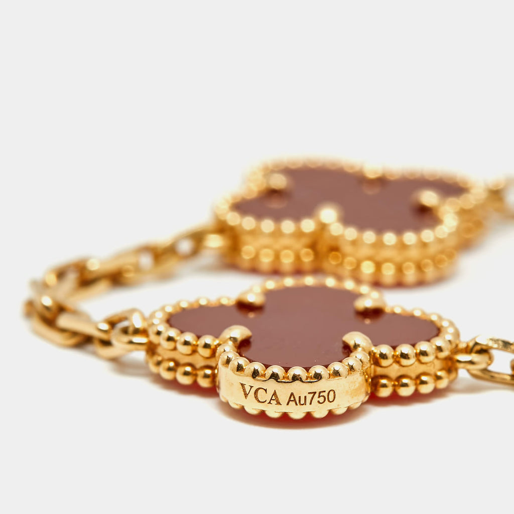 Van Cleef & Arpels Vintage Alhambra 18k Yellow Gold Carnelian 5 Motif Station Bracelet