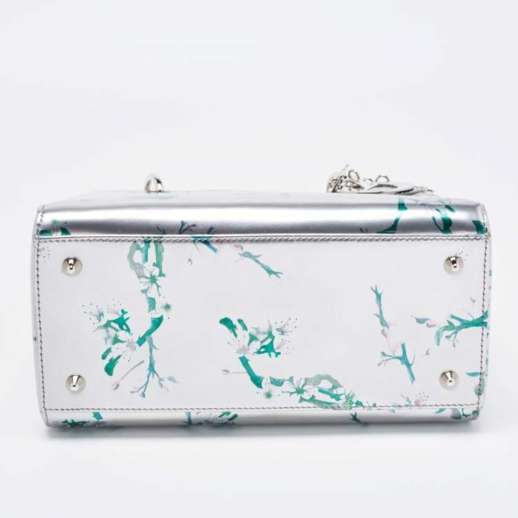 Dior Metallic Silver/Green Printed Leather Medium Lady Dior Tote
