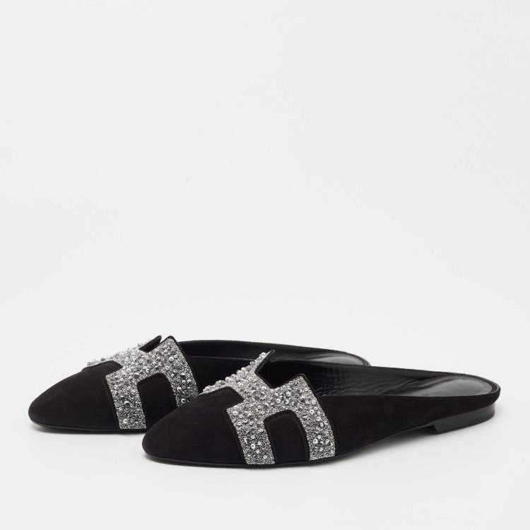 Hermes Black Suede Studded Roxane Mule Size 37