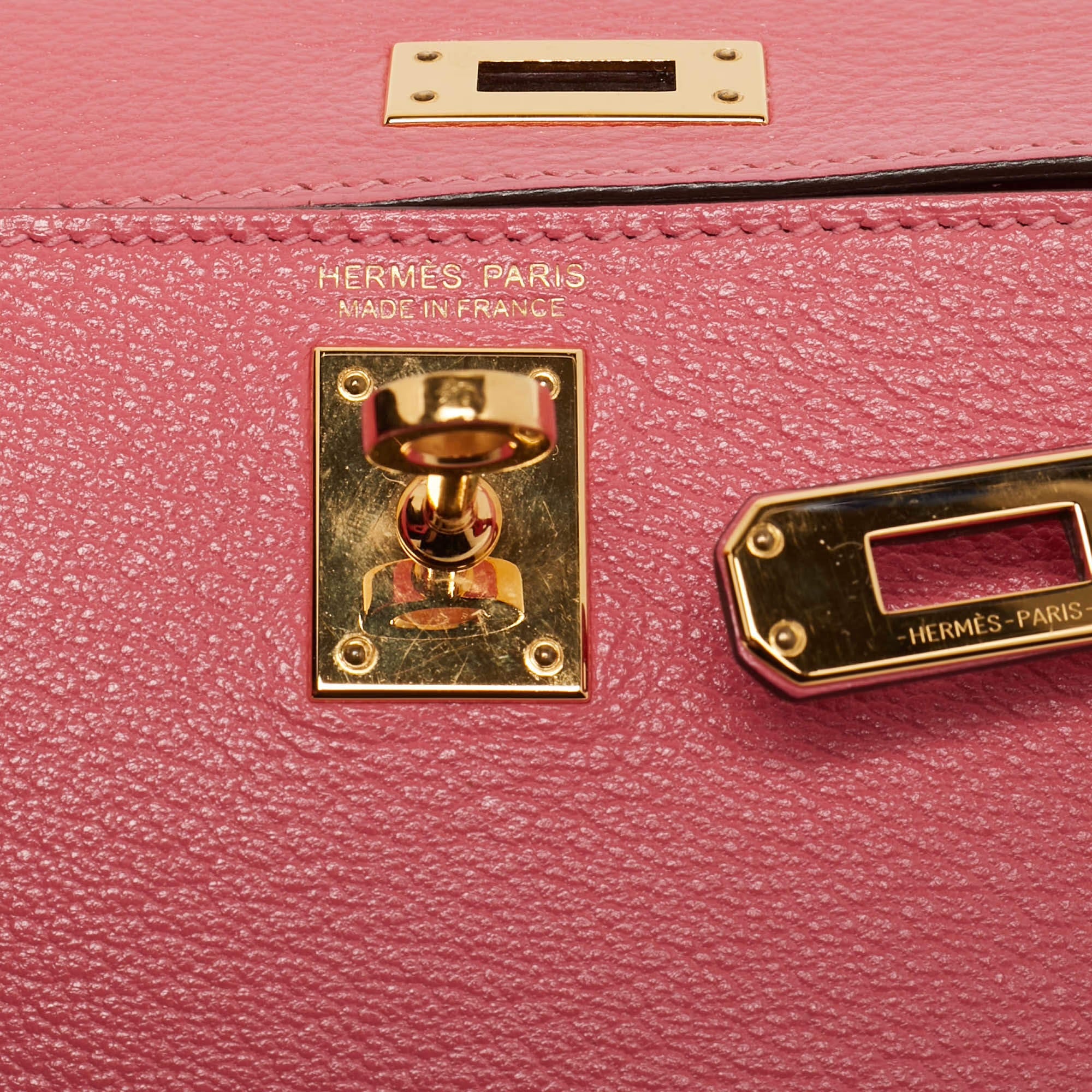 Hermes Kelly II Sellier Mini 20 Gold Finish Rose Azalee Chevre Leather Top Handle Bag