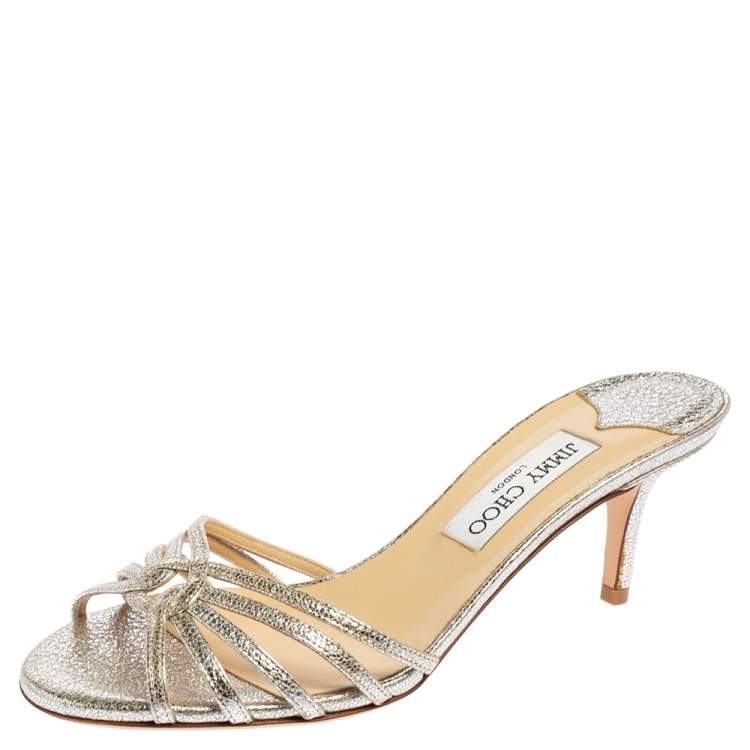 Jimmy Choo Metallic Silver Crinkled Leather Gillian Slide Sandals Size 37.5