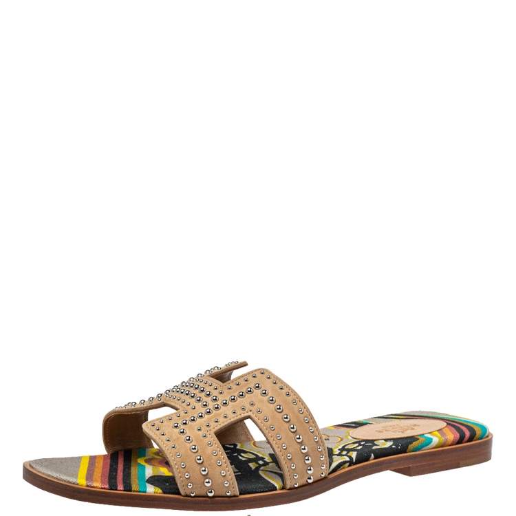 Hermes Beige Suede Studded Oran Flat Sandals Size 40