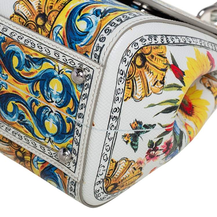 Dolce & Gabbana White/Multicolor Floral Print Leather Medium Miss Sicily Top Handle Bag