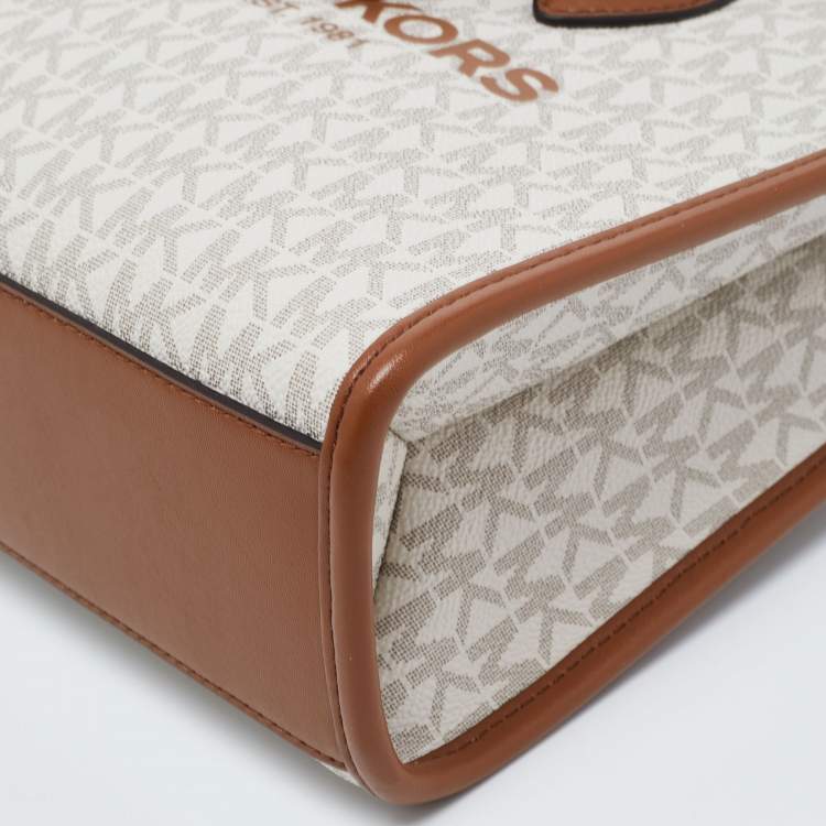 Michael Kors Brown/Beige Logo Jacquard Fabric and Faux Leather Small Mirella Tote