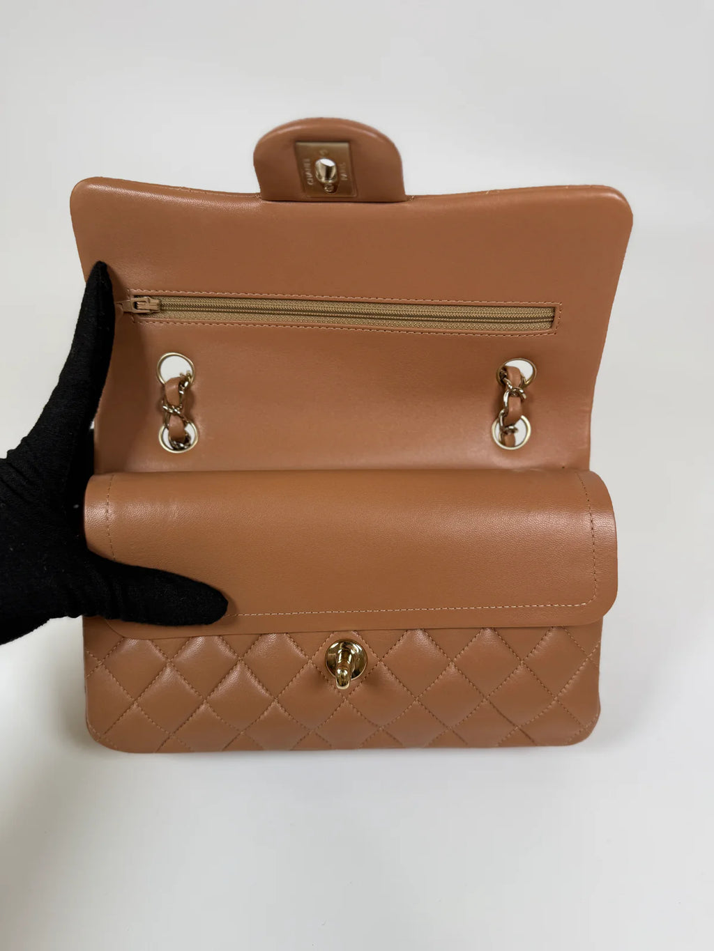 CHANEL SMALL CLASSIC DOUBLE FLAP IN BROWN LAMBSKIN LEATHER WITH GHW