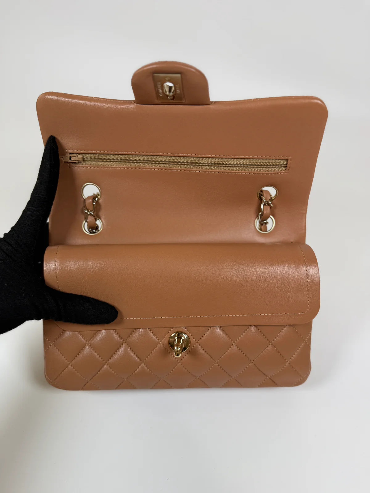 CHANEL SMALL CLASSIC DOUBLE FLAP IN BROWN LAMBSKIN LEATHER WITH GHW