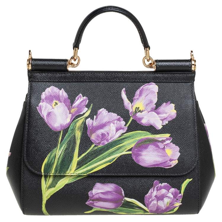 Dolce & Gabbana Black Tulip Print Leather Medium Miss Sicily Top Handle Bag