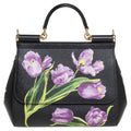 Dolce & Gabbana Black Tulip Print Leather Medium Miss Sicily Top Handle Bag