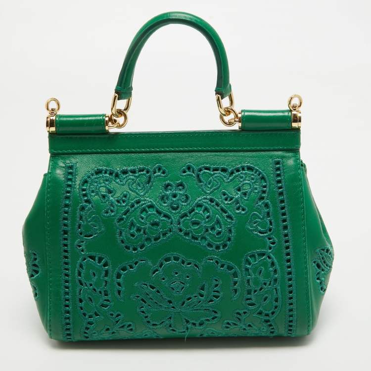 Dolce & Gabbana Green Leather Small Embroidered Miss Sicily Top Handle Bag