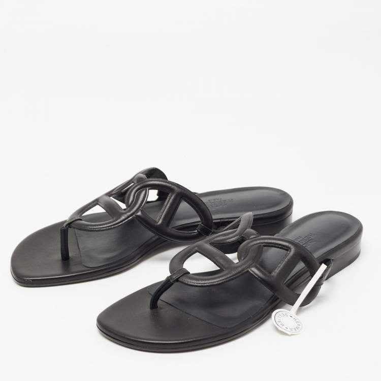 Hermes Black Leather Beach Flat Slides Size 37