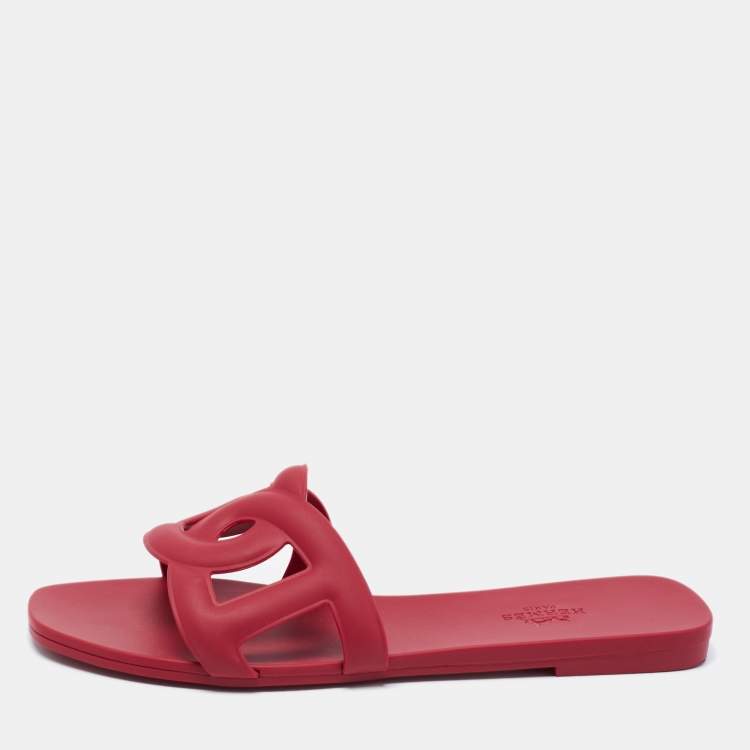 Hermes Burgundy Rubber Aloha Flat Slides Size 37
